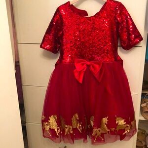 Red Sequin Dress with Gold Unicorns Accents